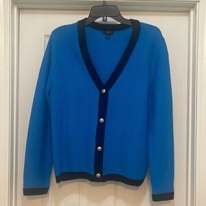 Talbots - blue with black trim v neck cardigan - logo silver buttons - size LP